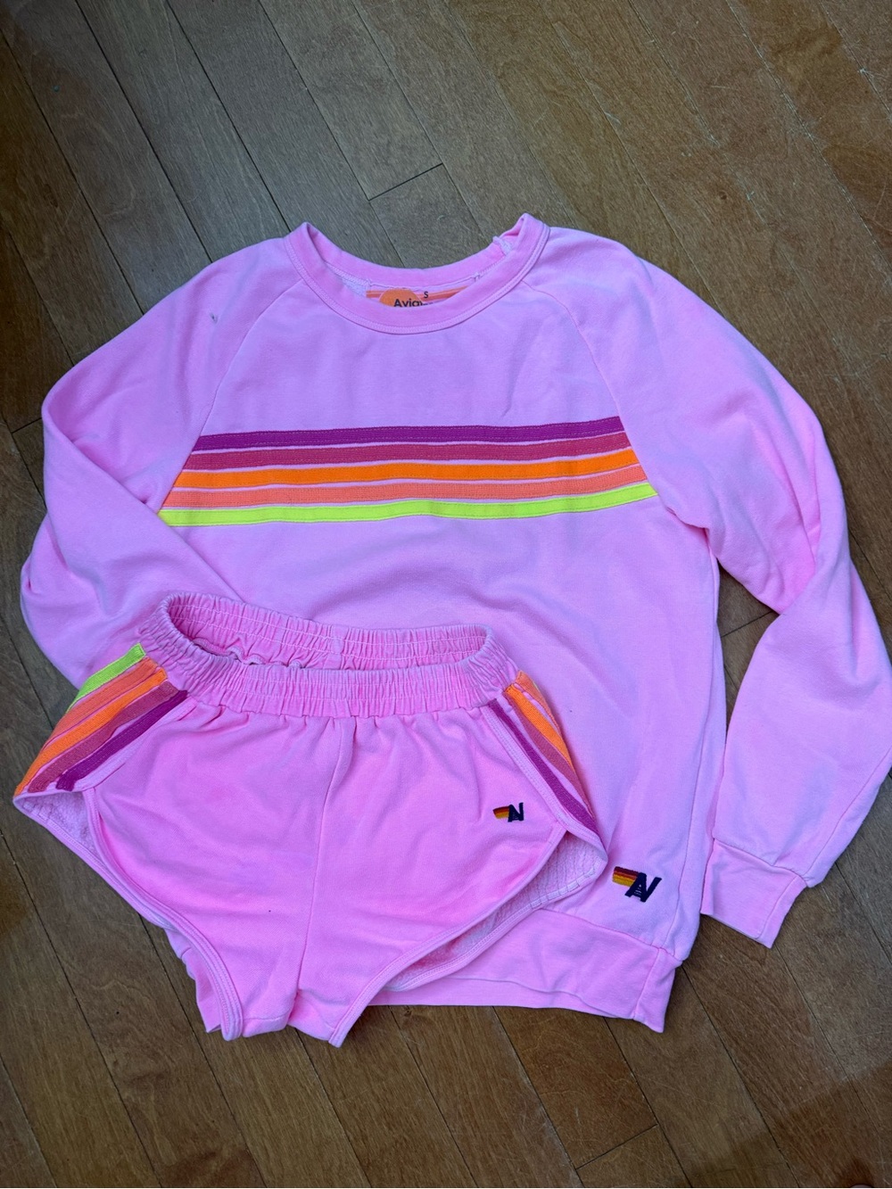 Aviator Nation Hot Pink 5 stripe 2 piece sweatshirt shorts set